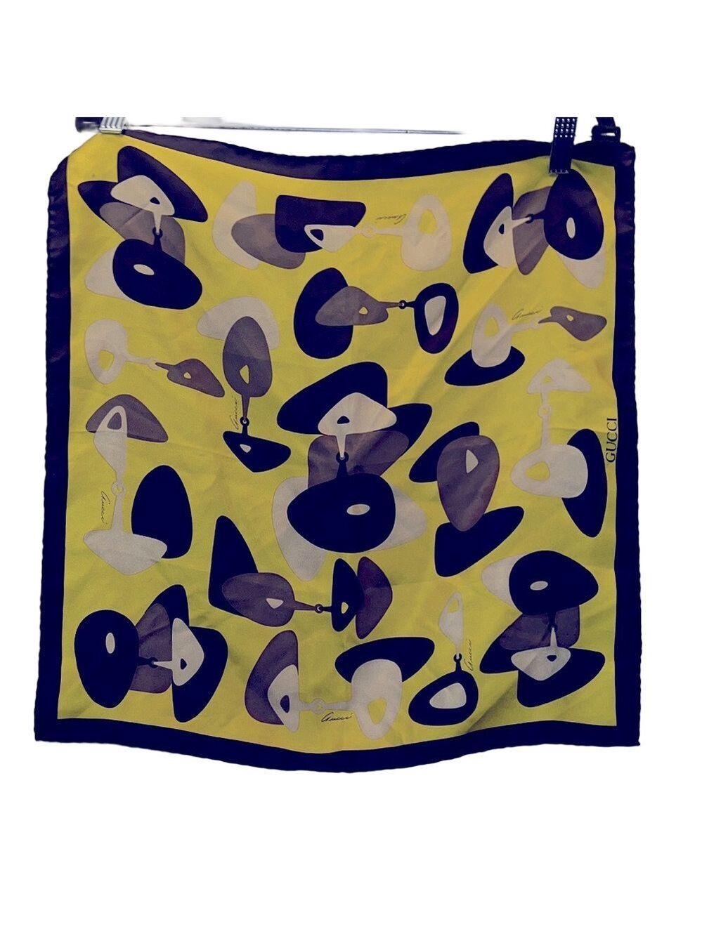 Gucci Silk Horse-bit Yellow and Black Abstract Pattern Scarf, 18” X 18”